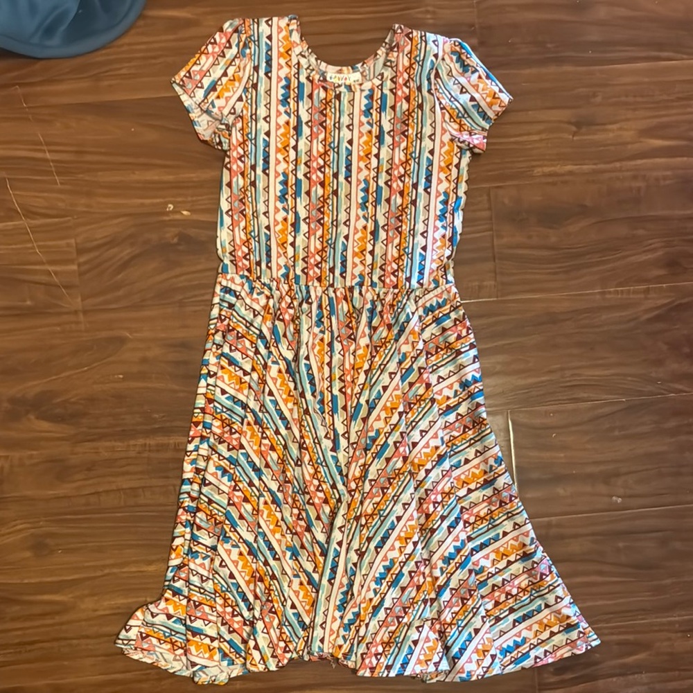 Dot Dot Smile Orange and Blue Sundress with Puff Sleeves and Crew Neck